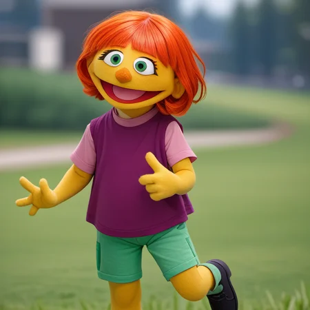 score_9, 1girl, solo, julss2, child, yellow skin, green eyes, colored skin, orange hair, short hair, purple shirt, smile, open mouth, green shorts, black footwear, standing on one leg, looking at viewer, four fingers, blurry background, grass, outdoors, portrait, <lora:julss2-000009:1>,