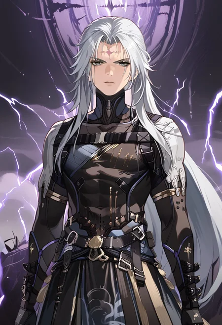 Calcharo, wuthering waves, black clothes,grey eyes, face tattoo,looking at camera, surrounded by purple electricity, detailed, masterpiece, Expressiveh, 8k, uhd,