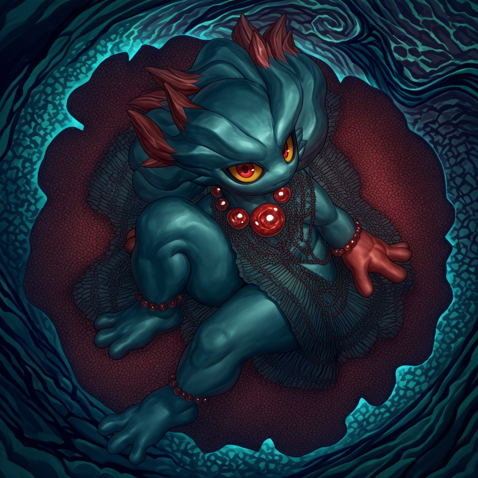 score_9, score_8_up, score_7_up, detailed, by d685ab7f, solo, full body, anthro, misPKMN, pokemon \(creature\), ghost, no humans, yellow sclera, red eyes, bead necklace, feet