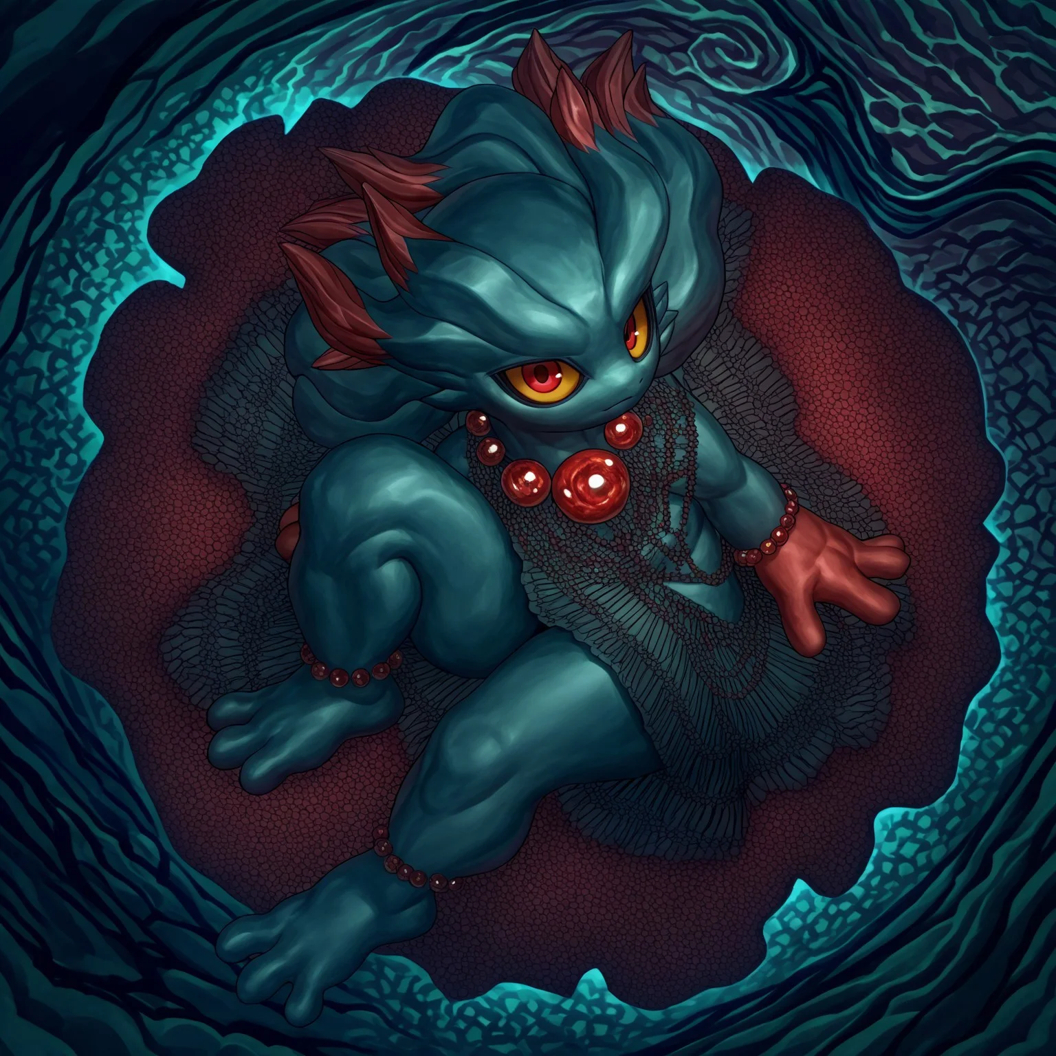 score_9, score_8_up, score_7_up, detailed, by d685ab7f, solo, full body, anthro, misPKMN, pokemon \(creature\), ghost, no humans, yellow sclera, red eyes, bead necklace, feet