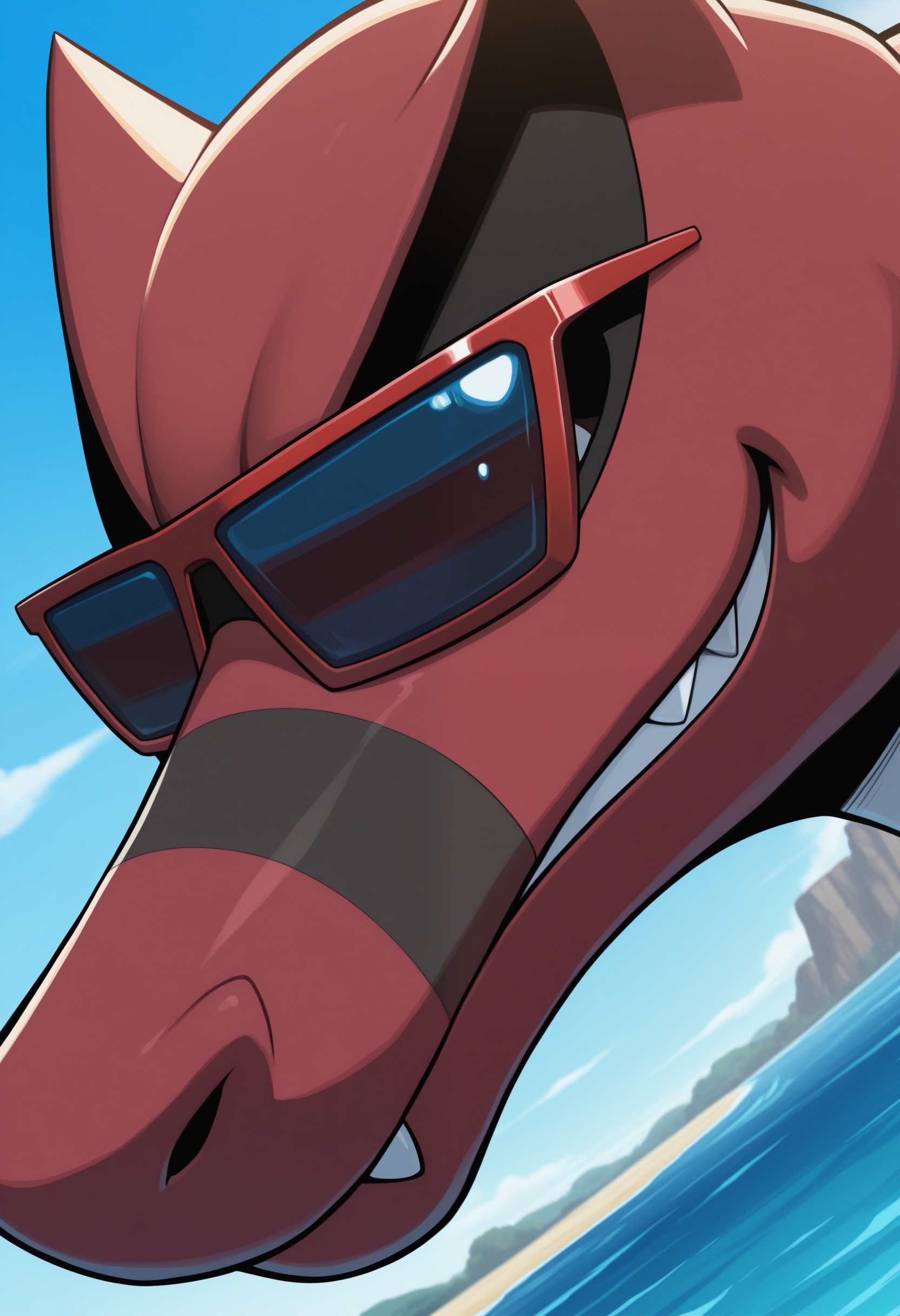 masterpiece,best quality, amazing quality, 1boy, solo, kr00k, pokemon (creature), close up, side angle, red sunglasses, cool, smirk,