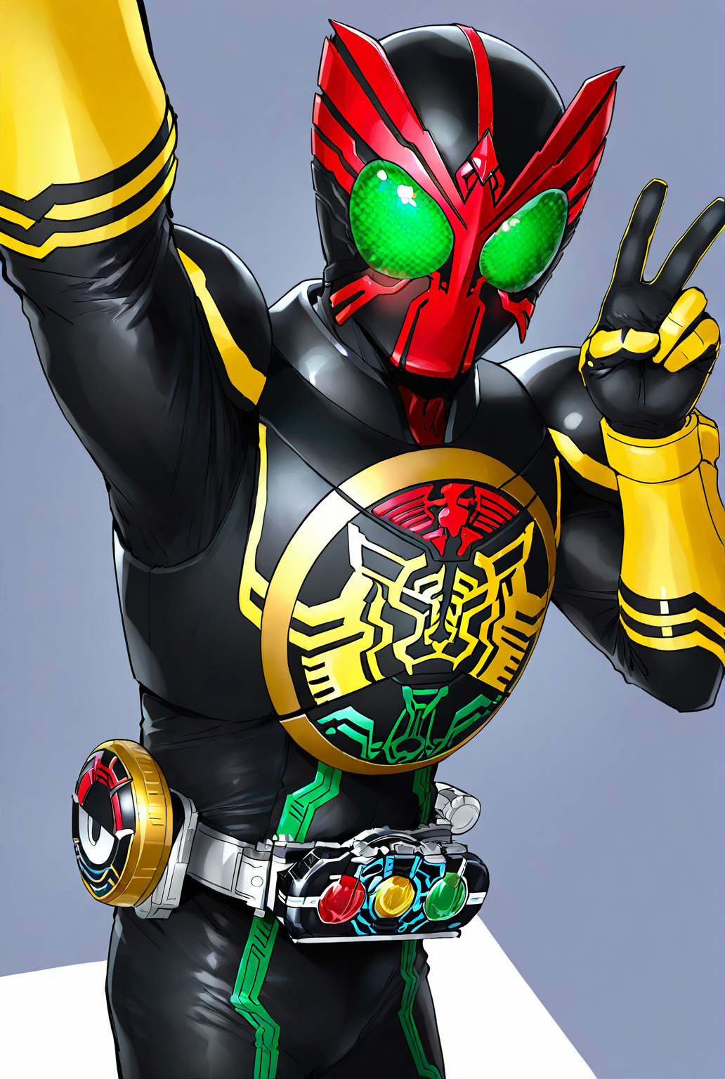 very awe,aesthetically pleasing,masterpiece,best quality,amazing quality,very aesthetic,ultra-detailed,high resolution,8k,1boy,solo,cowboy shot,male focus,detailed face,armor,belt,tokusatsu,bodysuit,helmet,rider belt,black bodysuit,selfie, v, blush,<lora:Kamen Rider ooo:0.7>,kamen rider 000,