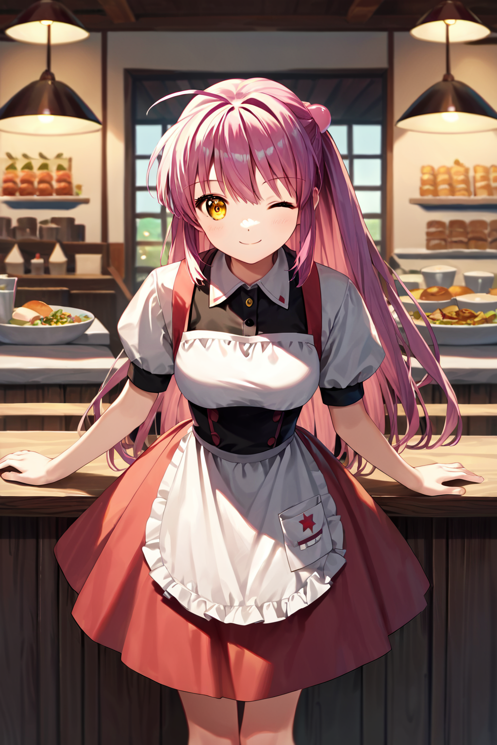 score_9, score_8_up, score_7_up, score_6_up, rating_safe, source_anime, best quality, masterpiece, detailed background, detailed eyes, restaurant, waitress outfit, wink, smile, <lora:futaki-kanata-xl-06:1>, futaki kanata, yellow eyes, medium breasts, small ahoge,