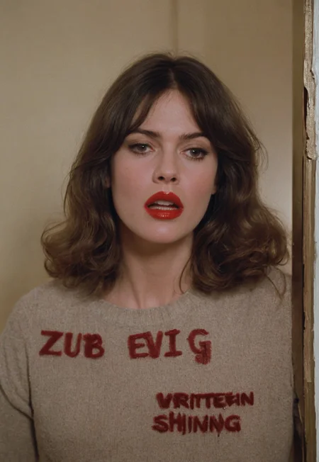 Disheveled Woman in her thirties confused by text:"ZZUB EVIG" written in lipstick on mirror. Photograph parodying The Shining. Parody. 1970s. Film Still. SFW