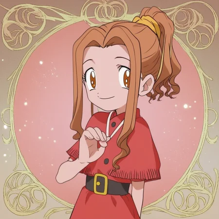 score_9, score_8_up, score_7_up, source_anime, perfect lighting, very aesthetic, intricate details, highly detailed background, high quality, perfect hands, female child, 1girl, solo, mimi tachikawa, digimon adventure, wavy hair, light brown hair, hight ponytail, brown eyes, western-style red dress with a buttoned poncho, arms behind back, looking at viewer, smile, cute pose,