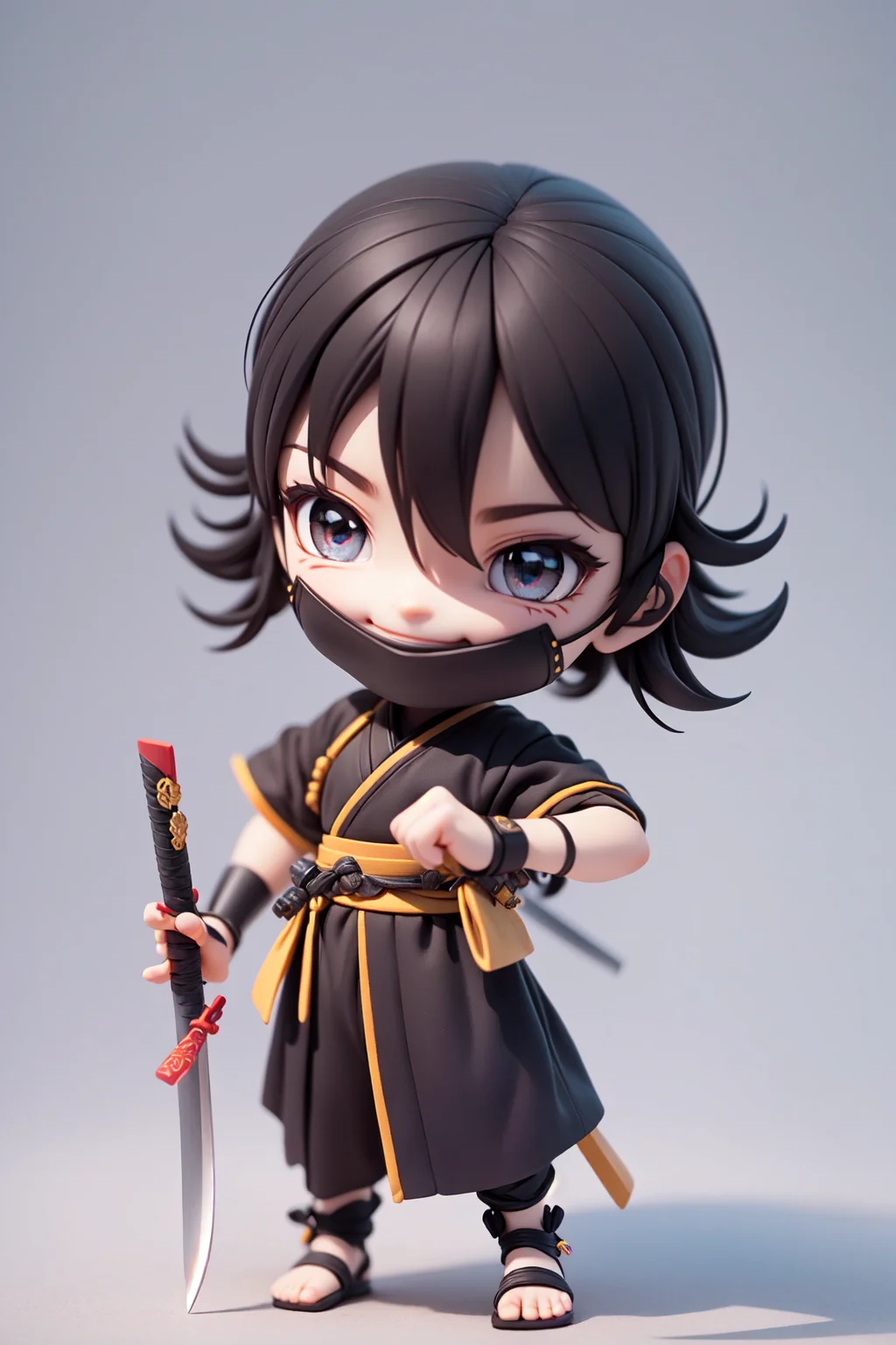 (masterpiece),(best quality),(ultra-detailed), (full body:1.2), 1boy,chibi, smile,(beautiful detailed face), (beautiful detailed eyes), (Simple and clean style_1.5),
ninja, (ninja mask:1.3), shuriken, hand holding samurai katana, black ninja outfit,
<lora:blindbox_V1Mix:1> ,