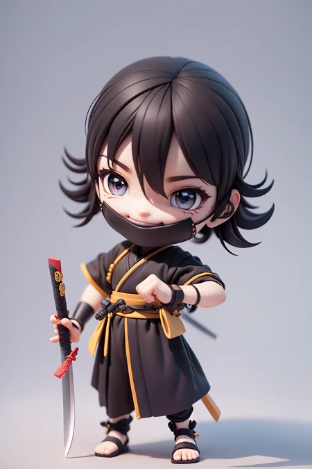 (masterpiece),(best quality),(ultra-detailed), (full body:1.2), 1boy,chibi, smile,(beautiful detailed face), (beautiful detailed eyes), (Simple and clean style_1.5),
ninja, (ninja mask:1.3), shuriken, hand holding samurai katana, black ninja outfit,
<lora:blindbox_V1Mix:1> ,