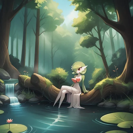 score_9, score_8_up, score_7_up, score_6_up, score_5_up, score_4_up, cartoon style,
luminekoStyle,
cartoony style,
1 girl, gardevoir, green_hair, green_skin, hair_over_one_eye,
forest, river, bathing,