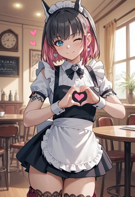 score_4,score_5,score_6,score_7_up,score_8_up,score_9 ((masterpiece,best quality,ultra detailed,highres,HD,4k:1.2)), 
1girl, solo,solo focus,girl focus,face focus,
multicolored hair,short hair,black hair,pink hair,blue eyes,tattoo,sidelocks,black head gear,black head ornaments,earrings,small breast,
Maid outfit,Sleeveless, maid headband, frilly apron,Short sleeves, short skirt, thighs,
inside the cafe, ((Make a heart symbol with both hands, heart with both hands,heart hands,heart symbol,heart,heart effect,)), 
blush,shy,smile,((wink,closed one eye)),