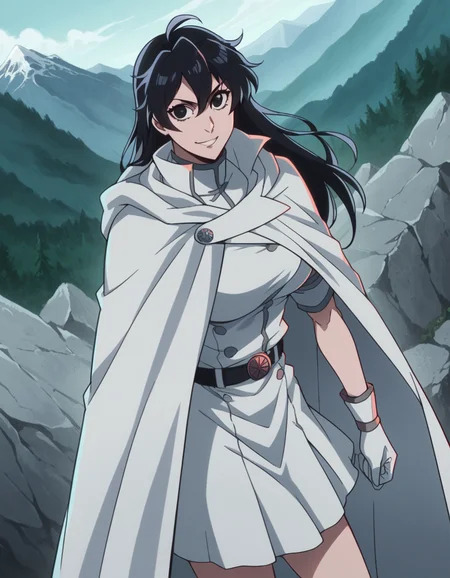 score_9, score_8_up, score_7_up, source_anime, <lora:bambietta-basterbine-tybw-ponyxl-lora-nochekaiser_r1:1>, bambietta basterbine, long hair, black hair, black eyes, large breasts,, skirt, gloves, belt, cape, cloak, white cloak,, mountain trail, hiking, nature, backpack, adventure, fresh air, smile, looking at viewer, from above,, solo,, cowboy shot, dutch angle