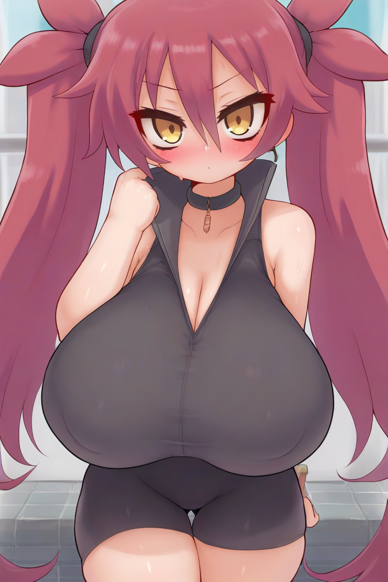 masterpiece, best quality, amazing quality, very aesthetic, absurdres, top quality, high quality, arekishi, Red hair, twintail hair style, spandex bodysuit, cleavage, sexy pose, huge breast, gold eyes,