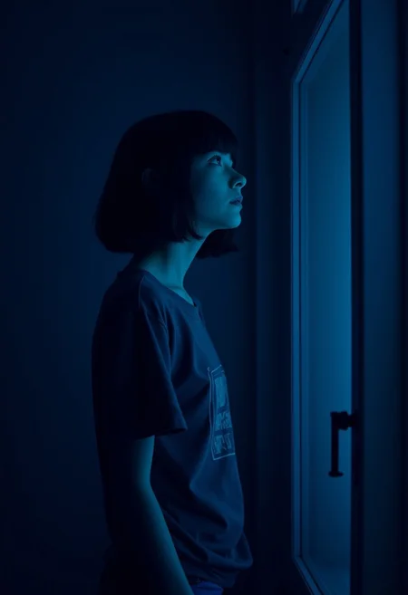 A girl with short black hair stands by a window at night, looking upward. The dark, blue-toned theme emphasizes the indoor, nighttime ambiance.