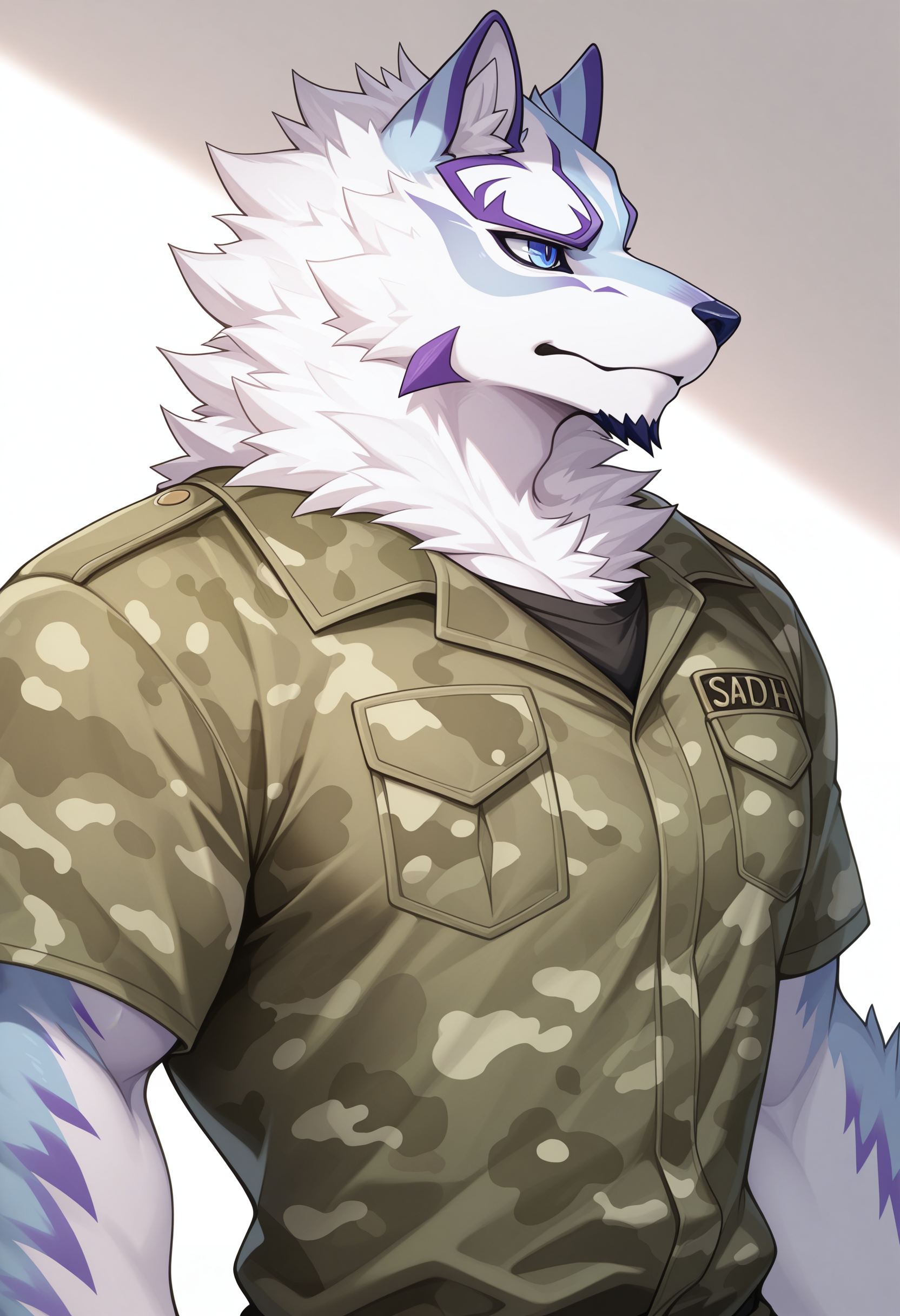 masterpiece, best quality, amazing quality, solo, 1boy, SadayoshiLAH, camo shirt, upper body
