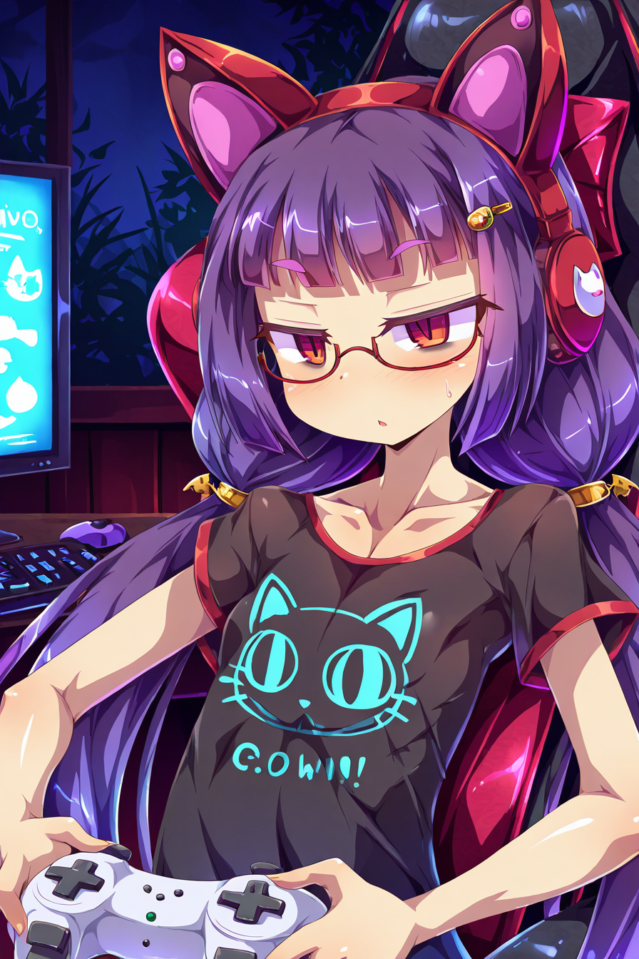 shiny skin, posing,
<lora:toraishi.il:1>,
oldishi, 
gaming chair, monitor, controller, 
half-closed eyes, bags_under_eyes ,
upper body, printed shirt, 
night, dark,, (purple hair:1.2), very long hair, low pigtails, hime cut, 
red eyes, glasses, hairpin, cat headphones,  
hairpin,
