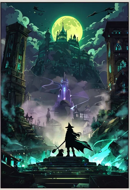 houtline, digital_art, (Best quality), standing, building, weapon, hat, pillar, from_behind, a wizard fighting a legendary chess boss, glowing, cape, fog, silhouette, full_body, outdoors, sword, indoors, holding, long_hair, night, 1boy, fight_group, sky, (scenery), holding_weapon, stairs, (monster), battle, dress, facing_away, (boss_fight:1.2), cloak, hood, long_sleeves, arch, witch_hat, male_focus, lamppost, blonde_hair, ruins, gloves, sitting, science_fiction, dark, light, reflection, full_moon, floating, witch, bridge, hitodama, holding_sword, legendary_monster, coat, night_sky, (dutch_angle), (size_difference:1.4), street_view, street, glowing_eyes, light_rays, rain, motion_blur, motion_lines, from_side, chess_(theme), tower_(theme), chess, queen_chess_piece, Piece_monster, , boots, short_hair, railing, sign, ghost, crystal, wide_sleeves, pants, lights, skyscraper, red_eyes, walking, cloud, blue_hair, hooded_cloak, multiple_girls, epic, staff, (statue), riding, creature, legs_apart, full_armor, castle, planted_weapon, purple_lights, smoke, purple smoke, Aqua_(theme)