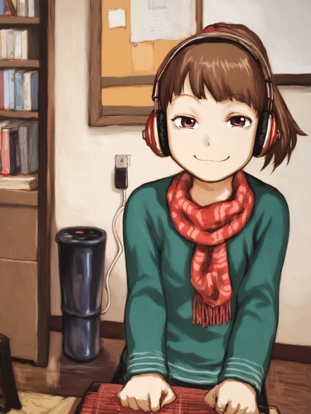 score_9, score_8_up, score_7_up, score_anime, rating_explicit, uncensored, BREAK, 1girl, smug, <lora:yoshitoshi_ABe_Style_PDXLv1.1:1.2> ((abe yoshitoshi style:1.2)), solo, <lora:lofigirl-ponyxl-000021:0.5> lfg, sweater, scarf, headphones, indoors