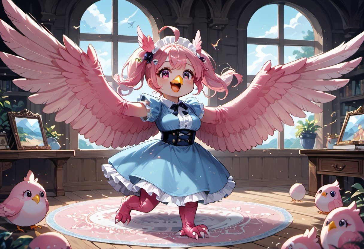 best resolution,score_9,score_8_up,score_7_up,score_6_up,score_8,score_7,score_6,best quality,masterpiece,source_anime,fantasy,beach background,1girl,solo,kawaii,cute,chibi,1girl, winged arms,pink harpy,medium breasts, blue dress, (indoors:1.3), castle,expressiveh,happy,smile,detailed eyes, inflating wings,glossy wings,