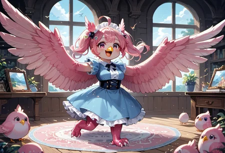 best resolution,score_9,score_8_up,score_7_up,score_6_up,score_8,score_7,score_6,best quality,masterpiece,source_anime,fantasy,beach background,1girl,solo,kawaii,cute,chibi,1girl, winged arms,pink harpy,medium breasts, blue dress, (indoors:1.3), castle,expressiveh,happy,smile,detailed eyes, inflating wings,glossy wings,