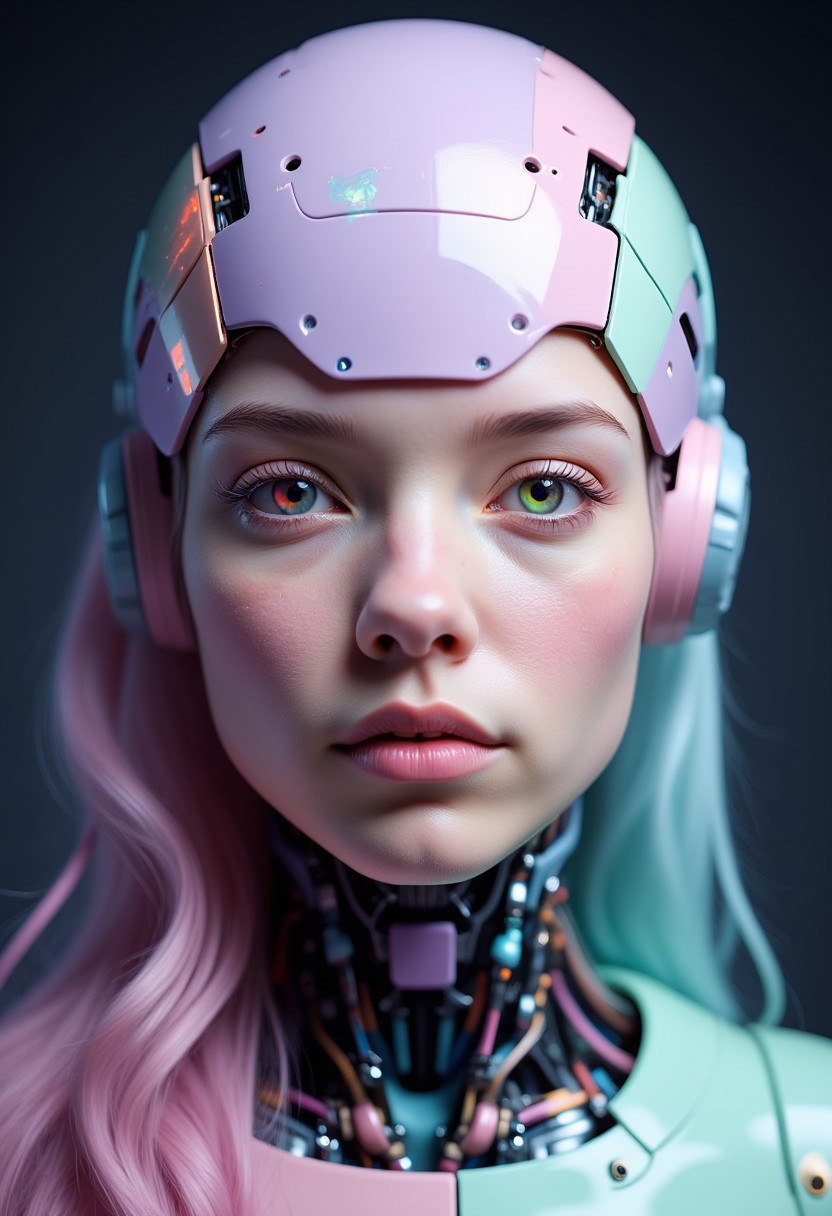 ajpasbot. The portrait is a highly detailed, hyper-realistic CGI rendering of a Scandinavian robot woman’s face, constructed from vibrant, pastel-colored plastic elements. Her features seamlessly blend human and cybernetic characteristics, with soft, smooth plastic skin transitioning into sleek, translucent plastic plating along the sides of her face, neck, and jaw. Her eyes are bright and penetrating, enhanced with glowing, pastel-colored cybernetic lenses that reflect a soft, ethereal light, suggesting a deep intelligence behind the mechanical surface. The rest of her face is framed with hints of pastel pink, mint green, and lavender plastics, blending harmoniously with her fair, almost porcelain skin.
Her hair is long and flowing, styled in a sleek, futuristic cut. The hair is a mix of pastel colors—soft pinks, blues, and purples—interwoven with glimmering plastic strands that subtly echo the cybernetic enhancements running through her face. The background is dark and atmospheric, with faint glimmers of light tracing the contours of her high-tech, pastel-colored facial structure, emphasizing the contrast between her human-like expressions and the playful, vibrant plastic nature of her design.
The slight imperfections in the plastic parts of her face, like small scuffs or scratches, hint at a once-immaculate creation now weathered by use.