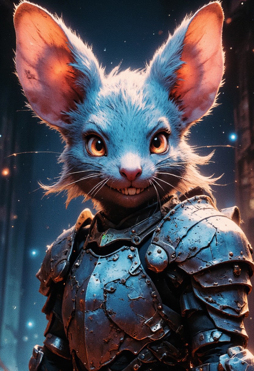 A FredFraiStyle close-up of an irresistible anthropomorphic rodent knight, her enormous ears twitching, attuned to every whisper of danger in the neon-lit ruins. Her soft, battle-worn fur glows in the dim light, framed by the cascading flow of her silver mane, catching the ambient shimmer of glitching reflections. She wears a high-collared suit of armor, dented and scratched from countless fights, its intricate engravings laced with the faint shimmer of magical circuitry.
Her delicate whiskers twitch as her small yet sharp teeth glint beneath a defiant smirk, her wide, glistening eyes burning with a mix of feral cunning and unwavering determination. A delicate scar traces her cheek beneath a flickering HUD display embedded in her visor—an imperfection that only deepens her allure. Wisps of torn, ethereal fabric cling to her battle-honed form, the remnants of a once-majestic knight’s cloak now interwoven with threads of shimmering energy.
The air hums with digital distortion as she braces herself, the ghostly echoes of distant whispers and scurrying claws surrounding her. In the shadowy remains of a fractured city, the ambient glow of neon reflections casts dramatic highlights across her small but fierce features, accentuating the razor’s edge between warrior and survivor.