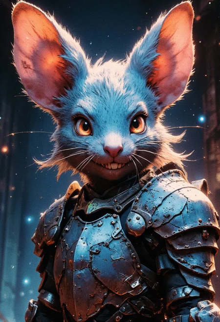 A FredFraiStyle close-up of an irresistible anthropomorphic rodent knight, her enormous ears twitching, attuned to every whisper of danger in the neon-lit ruins. Her soft, battle-worn fur glows in the dim light, framed by the cascading flow of her silver mane, catching the ambient shimmer of glitching reflections. She wears a high-collared suit of armor, dented and scratched from countless fights, its intricate engravings laced with the faint shimmer of magical circuitry.
Her delicate whiskers twitch as her small yet sharp teeth glint beneath a defiant smirk, her wide, glistening eyes burning with a mix of feral cunning and unwavering determination. A delicate scar traces her cheek beneath a flickering HUD display embedded in her visor—an imperfection that only deepens her allure. Wisps of torn, ethereal fabric cling to her battle-honed form, the remnants of a once-majestic knight’s cloak now interwoven with threads of shimmering energy.
The air hums with digital distortion as she braces herself, the ghostly echoes of distant whispers and scurrying claws surrounding her. In the shadowy remains of a fractured city, the ambient glow of neon reflections casts dramatic highlights across her small but fierce features, accentuating the razor’s edge between warrior and survivor.