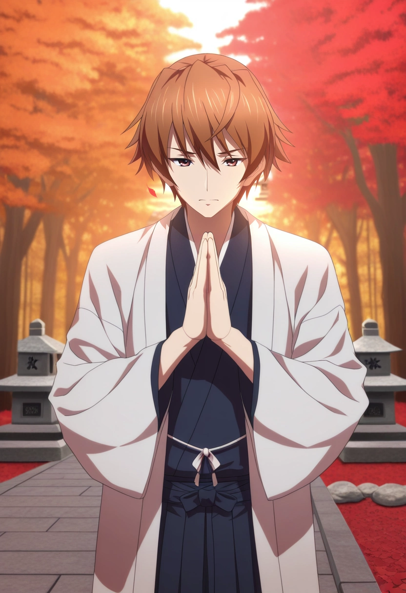 masterpiece, best quality, , (3d:0.4),, 1boy, solo, male focus, <lora:takeya_iizuka_ilxl:0.92>, takeya_iizuka, brown hair, brown eyes, short hair, , autumn forest, red leaves, misty air, stone shrine, praying pose, serene expression, morning fog, ,