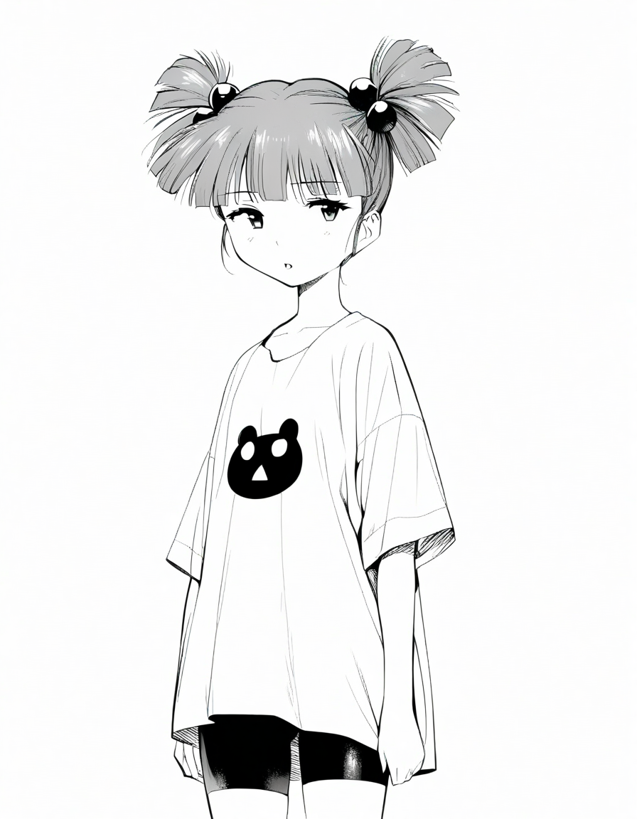 <lora:KirisakiMaiXL_ani31_3:0.8> 1girl, solo, kirisaki mai, high twintails, hair bobbles, oversized shirt, spandex shorts,
:o, parted lips, expressionless, portrait, 
best quality, monochrome, greyscale, white background, simple background,