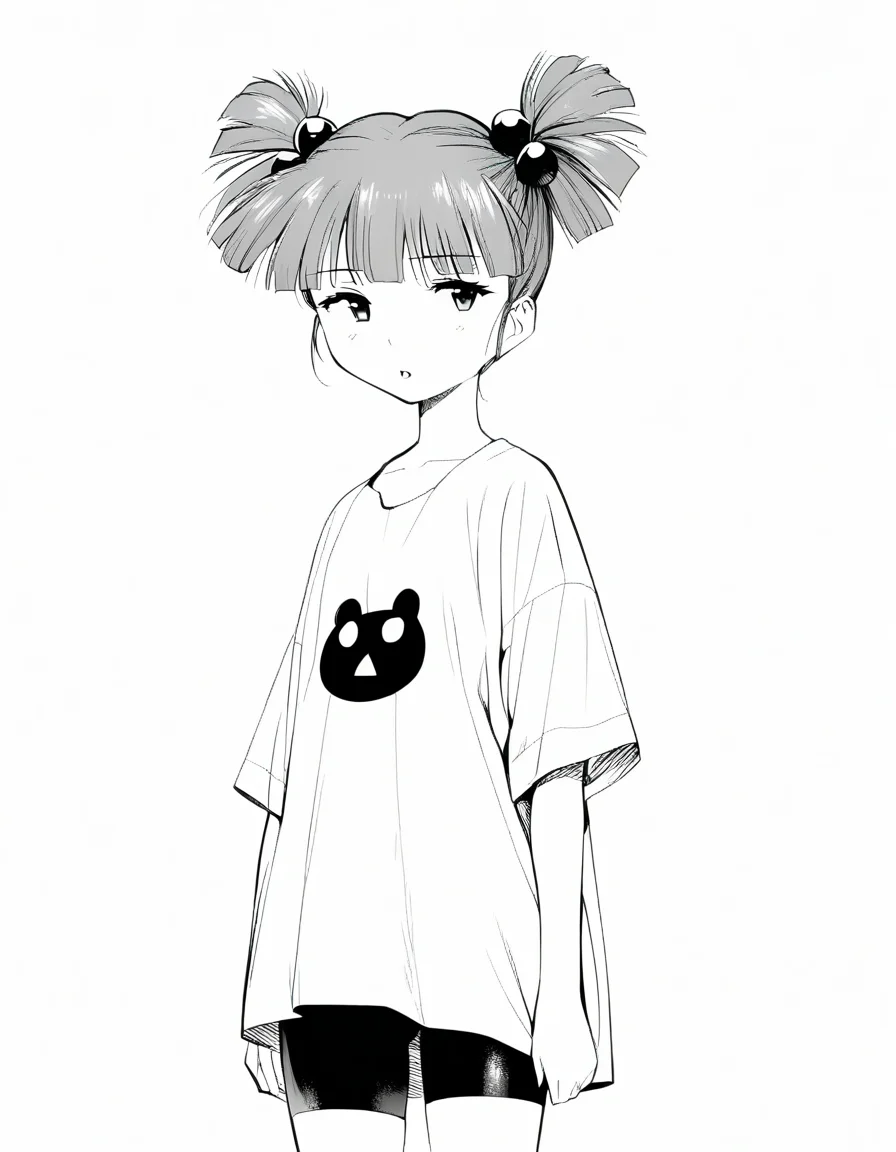 <lora:KirisakiMaiXL_ani31_3:0.8> 1girl, solo, kirisaki mai, high twintails, hair bobbles, oversized shirt, spandex shorts,
:o, parted lips, expressionless, portrait,
best quality, monochrome, greyscale, white background, simple background,