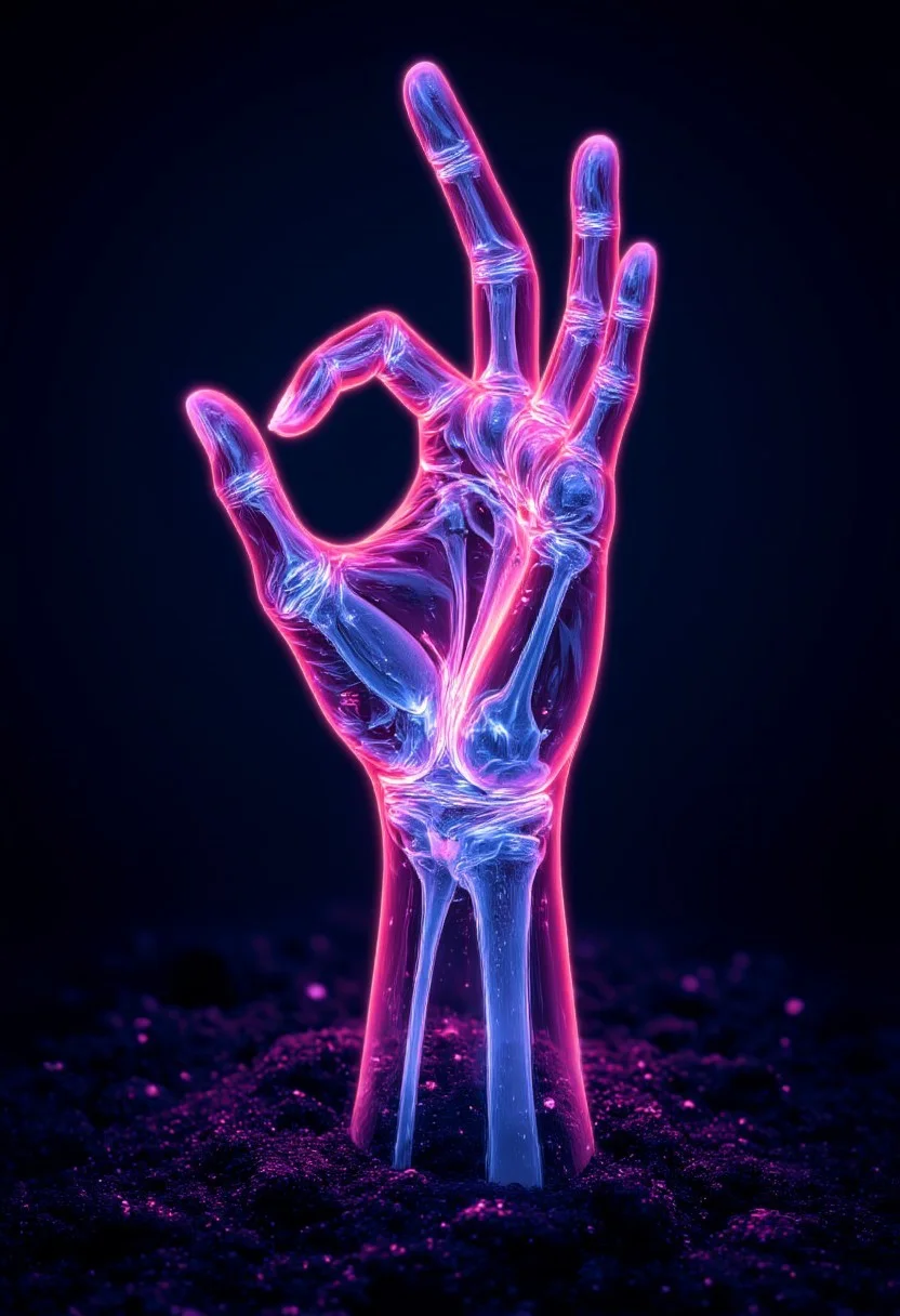 Neon pink outline of a hand rising from the damp soil. The hand is gesturing "OK". The circulatory system lines and bones glowing blue and the nails outlines glowing orange. Night atmosphere. detailmaximizer, midjourneyv6.1, aidmaGlow