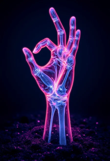Neon pink outline of a hand rising from the damp soil. The hand is gesturing "OK". The circulatory system lines and bones glowing blue and the nails outlines glowing orange. Night atmosphere. detailmaximizer, midjourneyv6.1, aidmaGlow