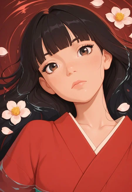 masterpiece, best quality, amazing quality, BSSPYCB, 1girl, solo, long hair, looking at viewer, black hair, closed mouth, brown eyes, collarbone, upper body, flower, lying, japanese clothes, blunt bangs, kimono, water, black eyes, eyelashes, lips, head tilt, petals, expressionless, portrait, red background, partially submerged, red theme, ripples