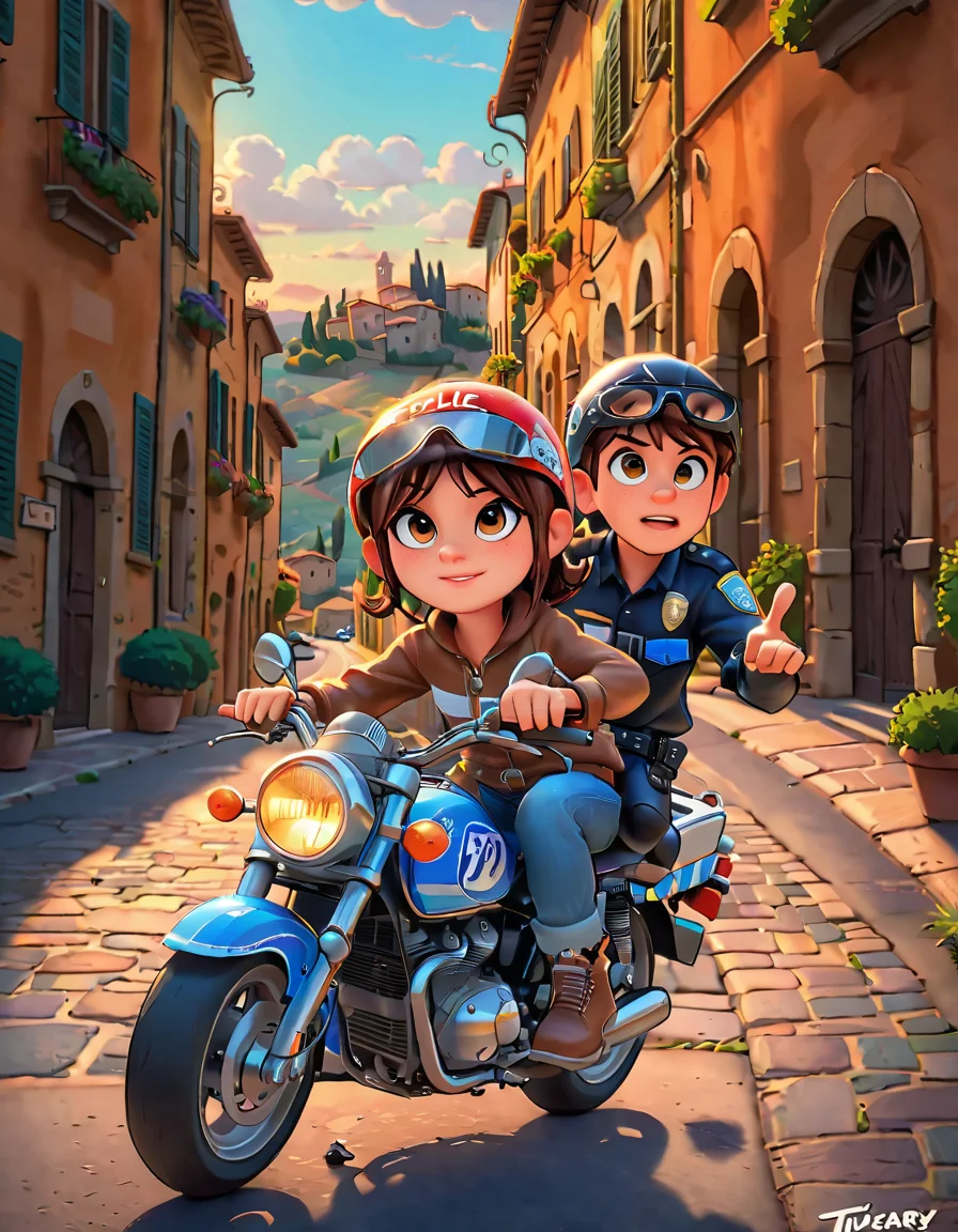 cartoon style, pixar style, <lora:carolOnirism_v10:1> riding a motorbike in tuscany while is chased by the police <lora:aidma-Image Upgrader-v0.1:1> <lora:ffacedetailxl:1> <lora:hairdetailpxl:1> <lora:fhanddetailxl:1> <lora:DetailedEyes_V3:1>