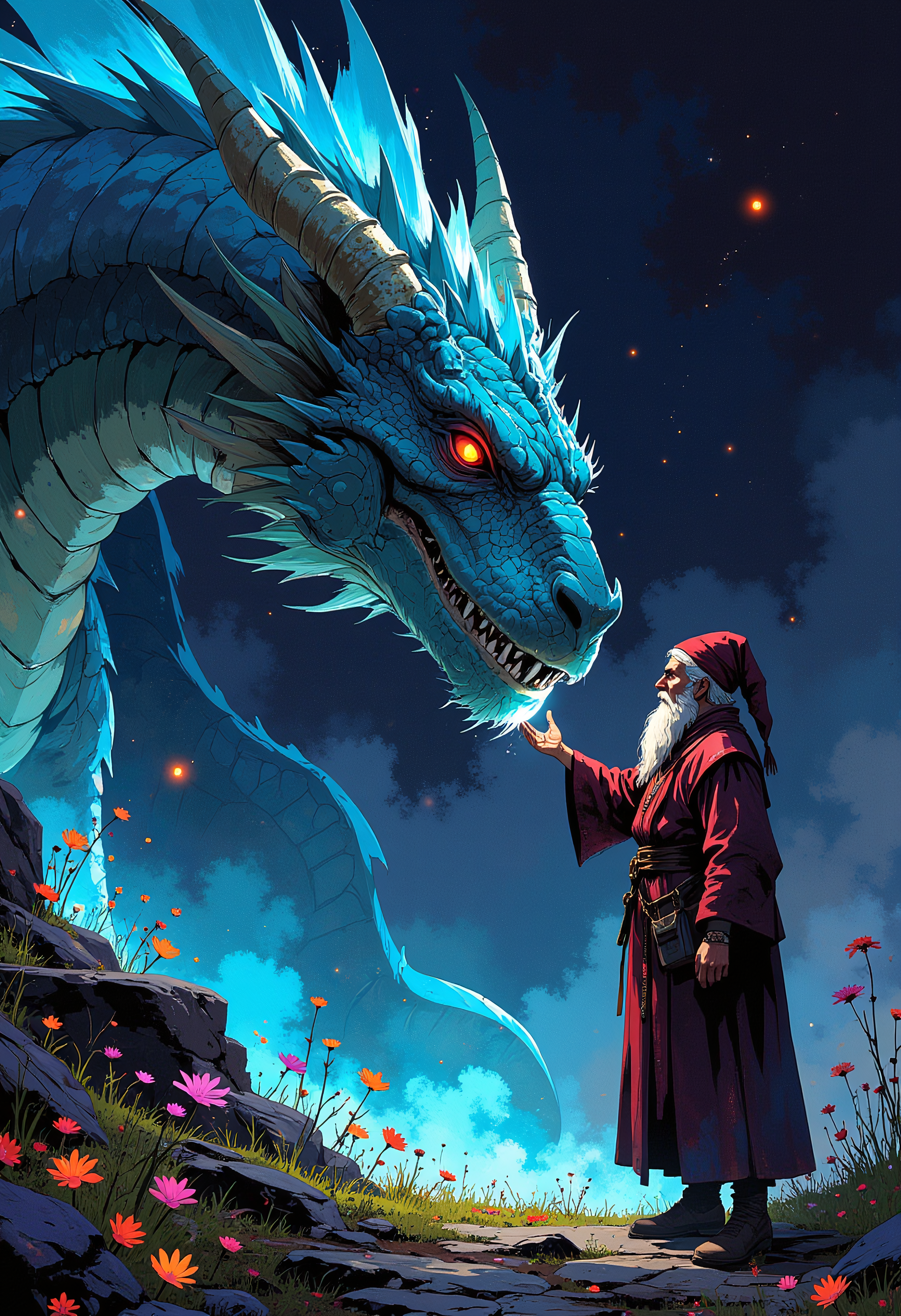 An extreme closeup of a huge blue dragon looking down at an old long bearded wizard, dressed in dark red wizards tunic, who looks up at the dragon and touches his snout with a glowing hand, colorful, colorful flowers scatter the scene, vibrant glow, backlighting, extreme details, high contrast between light and dark