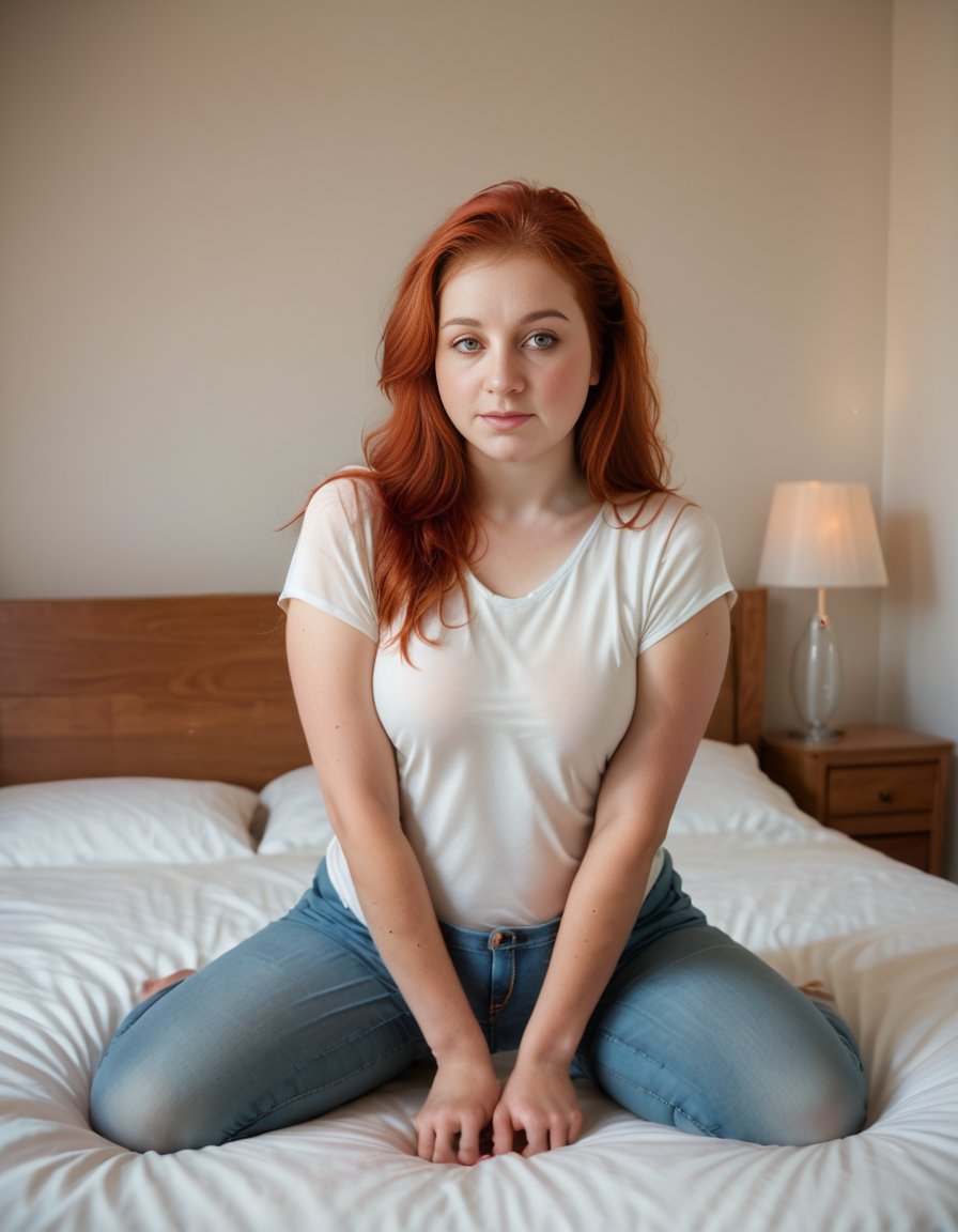 score_9,score_8_up,realistic,1girl,hair,woman,<lora:Namy_J:1>,namyj,red hair,jeans,tshirt,sitting on end of bed,modern bedroom,tv on,