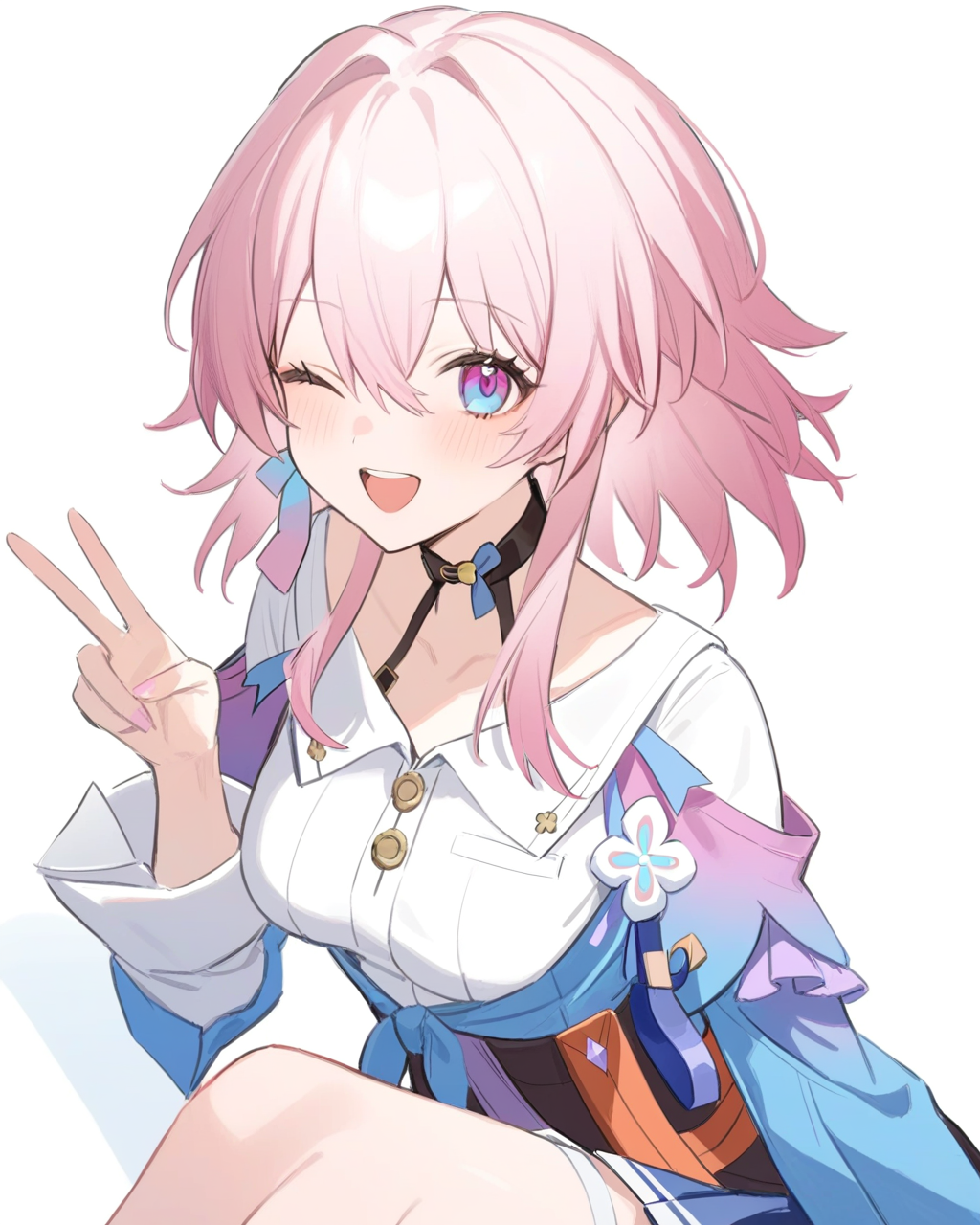 masterpiece,best quality,<lora:star_rail_all:1>,1girl, solo, upper body, holding camera, sitting, blush, smile, medium hair, pink hair, sidelocks, medium breasts, v, ;d, absurdres, black choker, black corset, blue jacket, blue skirt, collared shirt, flower ornament, gradient eyes, hair between eyes, highres, honkai: star rail, honkai \(series\), long bangs, long sleeves, looking at viewer, march 7th \(honkai: star rail\), one eye closed, open mouth, pleated skirt, simple background, single earring, thigh strap, tied jacket, two-tone eyes, upper teeth only, white background, white shirt, white sleeves,