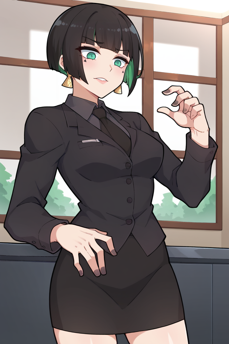 score_9, score_8_up, score_7_up, BREAK,  <lora:tobinge-guy-PONYv1:1>, 1girl, solo, breasts, <lora:edgAllMindPonyv1:0.9> edgAllmind, blunt bangs, two tone hair, earrings, black suit, necktie, skirt, makeup,