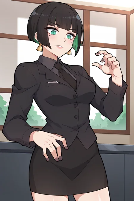 score_9, score_8_up, score_7_up, BREAK, <lora:tobinge-guy-PONYv1:1>, 1girl, solo, breasts, <lora:edgAllMindPonyv1:0.9> edgAllmind, blunt bangs, two tone hair, earrings, black suit, necktie, skirt, makeup,