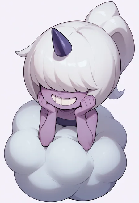 score_9, score_8_up, score_7_up, BREAK
1girl, dazzy, white hair, ponytail, hair over eyes, single horn, purple skin, grin, teeth, cloud,
looking at viewer, solo, simple background, white background    <lora:DazziXL_byKonan:1>