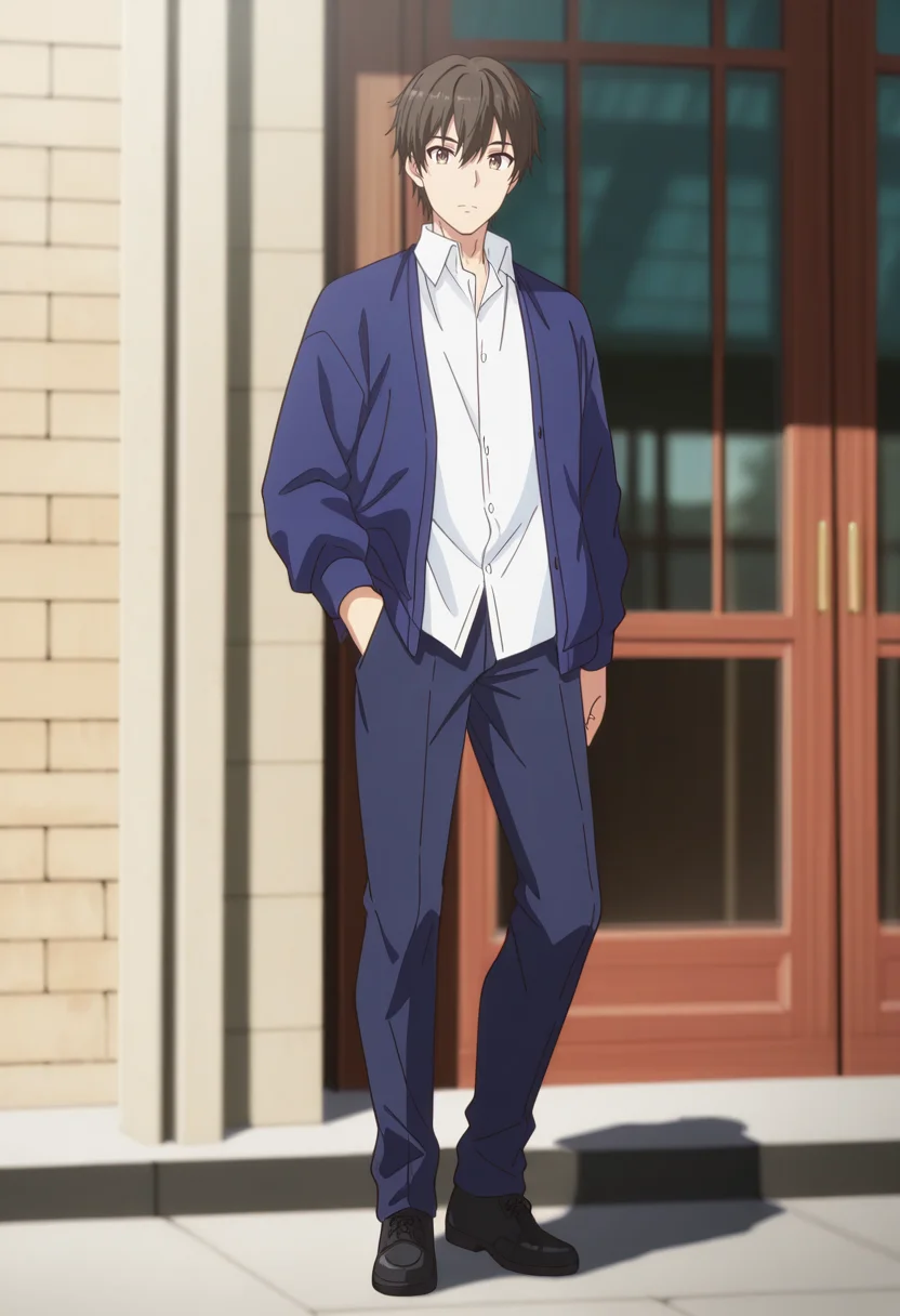 masterpiece, best quality, very aesthetic, high resolution, ultra-detailed, absurdres, newest, scenery, depth of field, anime coloring  , , , 1boy, solo, male focus,  <lora:kazuya_souma_r1:0.93> , kazuya souma, brown hair, brown eyes, short hair, full body, collared shirt, white shirt, jacket, blue jacket, shoes, black footwear, pants, looking at viewer, pose