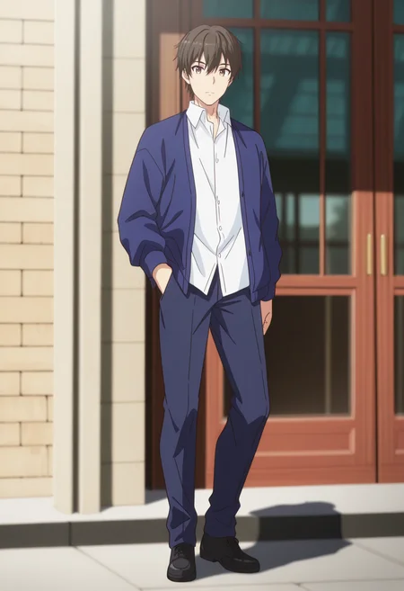 masterpiece, best quality, very aesthetic, high resolution, ultra-detailed, absurdres, newest, scenery, depth of field, anime coloring  , , , 1boy, solo, male focus,  <lora:kazuya_souma_r1:0.93> , kazuya souma, brown hair, brown eyes, short hair, full body, collared shirt, white shirt, jacket, blue jacket, shoes, black footwear, pants, looking at viewer, pose