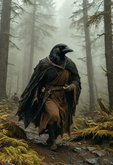 (masterpiece,best quality,ultra_detailed,highres,absurdres:1.2), DnD_Grainyboyz, (32k UHD:1.4),
BREAK
highly detailed photo of black corvidfolk running through forest, (dynamic pose:1.2), (fast running:1.3), motion blur, wearing brown robe, moody forest,
detailed background, (ancient dence forest:1.2), rocks, fog, (dramatic light:1.25)
<lora:neg4all_bdsqlsz_xl_V9:2><lora:dynposes3870:0.8>