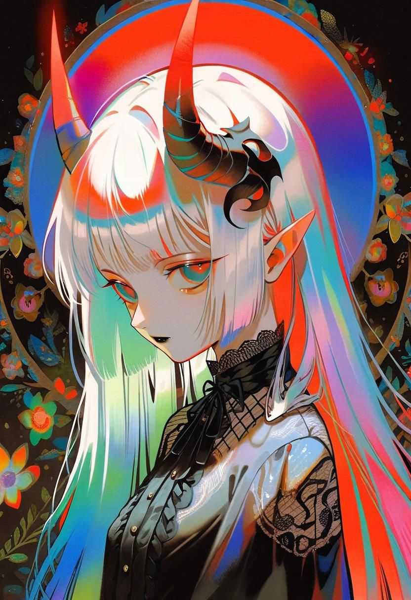 by tsubonari
 pale demon girl , prismatic coloring, holographic vibe, chromatic black lace blouse, gothic background, (long straight horns:1.2)