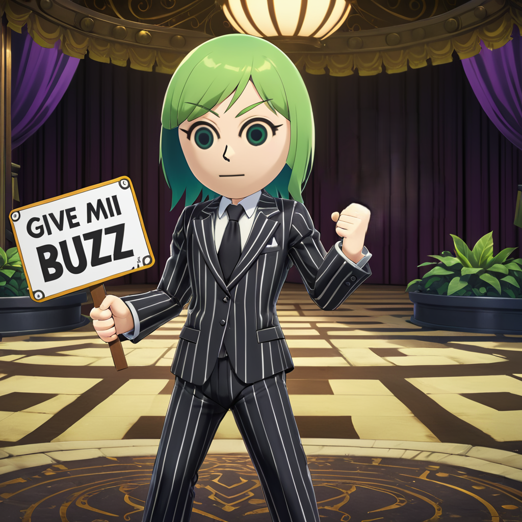 text ("Give Mii Buzz":1.6), <lora:SSBMii:0.8> SSBMii, holding a sign that says, text, 1boy, <lora:texta:0.5> , beetlejuice, striped suit, short green hair, 1boy, dark shadows eyes, black tie,