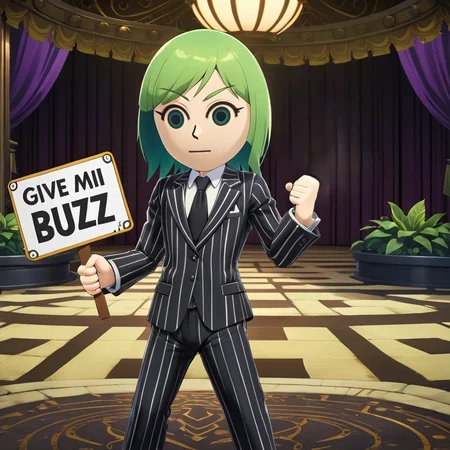text ("Give Mii Buzz":1.6), <lora:SSBMii:0.8> SSBMii, holding a sign that says, text, 1boy, <lora:texta:0.5> , beetlejuice, striped suit, short green hair, 1boy, dark shadows eyes, black tie,