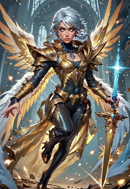 ((zPDXL3)), ((masterpiece,best quality, highly detailed)), ((score_9)), score_8_up, score_7_up, score_6_up, score_5_up, score_4_up, Digital painting style, brushstrokes, ((EnhanceImage)), solo, 1girl, DBRiven, silver hair, golden armor, black bodysuit, bodysuit, golden shoulder armor, sidebraid, silver eyes, cleavage, short hair, gold shoes, heels, wings, angel wings, blue hand, sword, Expressiveh, tanned-skin, 30yo, adult lustful confident woman, petite, slender body, perky saggy natural breasts, full lips, bangs, sidelocks, straps,
chinese magical sorceress, animated, swirling magic, wisps of magic, dancing pose, tight squeezed outfit, magical accessories, evoking motion, conveying motion, dynamic splash art,
<lora:PainterlyFantasiaPDXL:0.6>,
