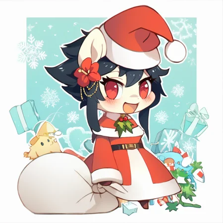 score_9, score_8_up, score_8, medium breasts, (curvy), cute, eyelashes, BREAK, , BREAK, YorForger, 1girl, black hair, red eyes, short hair with long locks, gold hairband, hair flower, <lora:YorForgerXLpony004:0.8>,, zzPadoru, blush, smile, open mouth, meme, holding sack, santa hat, dress, ,<lora:PadoruMemePDXL:1.0>, ,<lora:Style55_PDXL:0.3>, , BREAK, smile, looking at viewer, cowboy shot, embedding:zPDXL, Expressiveh, <lora:Expressive_H-000001:0.4>,