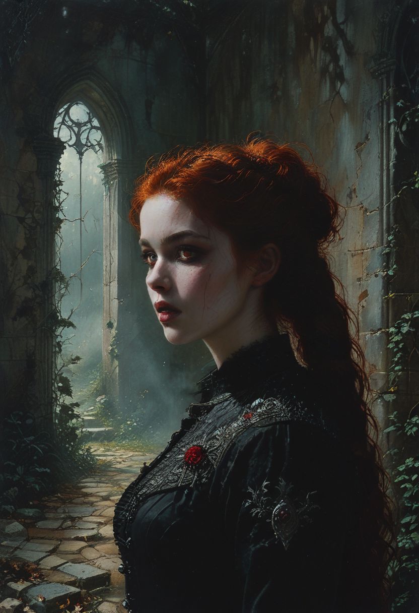 High resolution ultra-realistic of sinister Vampire warrior girl, Intricately Designed Shroud, A Vampire warrior girl clad in a black armor stands in a gloomy graveyard, head and shoulders portrait, wavy red hair, realistic red eyes, perfect athletic figure, handsome vampire pale bloody face, iconic vampire canine teeth, beautiful perfect detailed pupils, wet oily shiny skin, beautiful firm Breasts, defiant and seductive, 8k resolution concept art portrait by Greg Rutkowski, Dark Ages, Artgerm, WLOP, Alphonse Mucha dynamic lighting hyperdetailed intricately detailed Splash art trending on Artstation triadic colors Unreal Engine, 5 volumetric lighting, Cinematic Lighting, intricate, smooth, sharp focus digital painting, Asymmetrical Balance, hyperdetailed painting, dynamic lighting