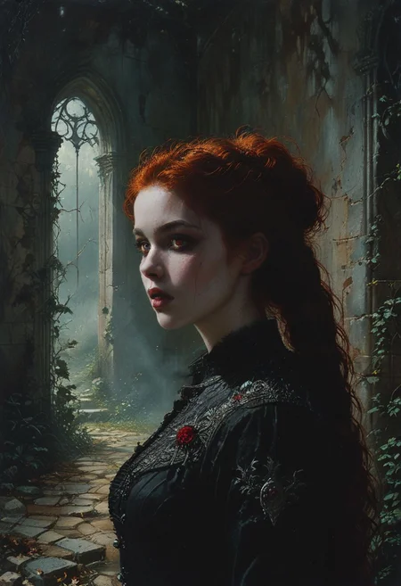 High resolution ultra-realistic of sinister Vampire warrior girl, Intricately Designed Shroud, A Vampire warrior girl clad in a black armor stands in a gloomy graveyard, head and shoulders portrait, wavy red hair, realistic red eyes, perfect athletic figure, handsome vampire pale bloody face, iconic vampire canine teeth, beautiful perfect detailed pupils, wet oily shiny skin, beautiful firm Breasts, defiant and seductive, 8k resolution concept art portrait by Greg Rutkowski, Dark Ages, Artgerm, WLOP, Alphonse Mucha dynamic lighting hyperdetailed intricately detailed Splash art trending on Artstation triadic colors Unreal Engine, 5 volumetric lighting, Cinematic Lighting, intricate, smooth, sharp focus digital painting, Asymmetrical Balance, hyperdetailed painting, dynamic lighting