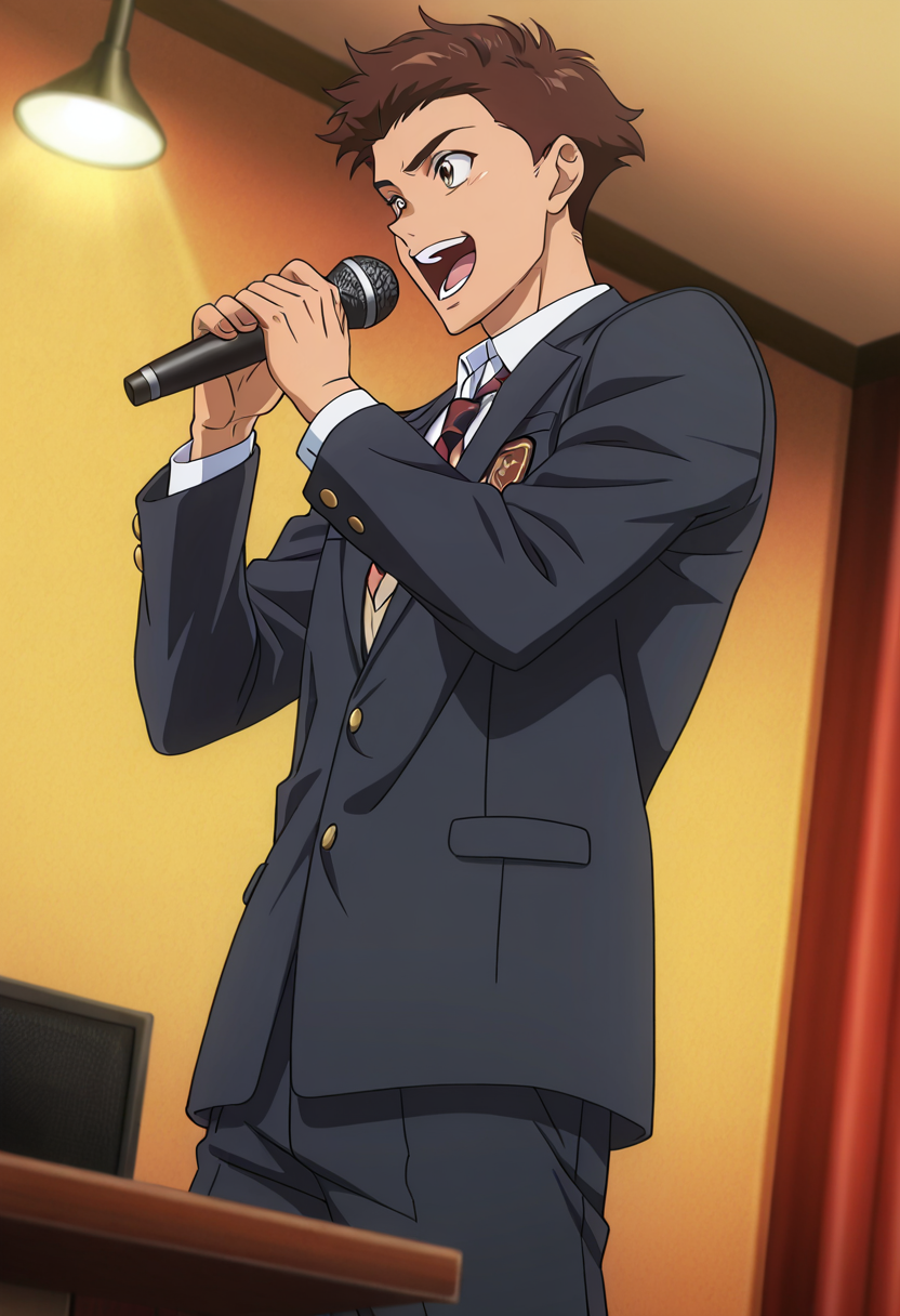 masterpiece, best quality, newest, absurdres, anime screencap, intricate details, good quality, very awa, highres, perfect proportions, perfect eyes, amazing quality, very aesthetic, <lora:Sakaki_Shohei_Love_All_Play.safetensors:1.0>,  1boy, shoh31_sakak1, brown_shoh31_sakak1_eyes, brown_shoh31_sakak1_hair, anime coloring, solo, male focus,  expressive cute face, looking away, open mouth, shiny skin, holding microphone, singing, one hand on waist, school uniform, indoors, karaoke, close-up, shadow, dynamic angle, dynamic action, atmospheric perspective, intricate lighting, intricately detailed illustration, depth of field,