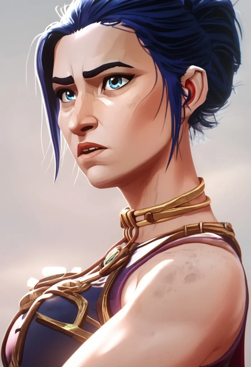 score_9, score_8_up, score_7_up,  caitlyn, a young woman with striking blue eyes and long dark hair, wearing a slave leia outfit, 1girl, solo, long hair, looking at viewer, dark blue hair, hair between eyes, standing, not amused, whole body visible, flower, parted lips, choker, blue hair, volumetric lighting  <lora:arcane_pony_v2:1>